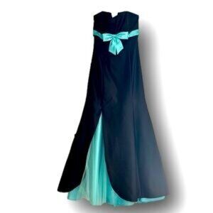 Jessica McClintock for Gunne Sax Black and Turquoise Satin Strapless Prom Dress